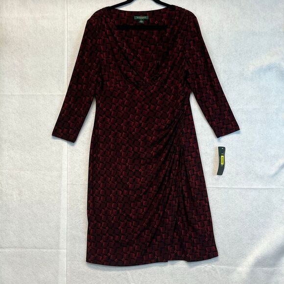 NWT LAUREN RALPH LAUREN Sheath Dress Sz 14 Red Geometric Ruched Midi 3/4 Sleeve - Picture 15 of 16